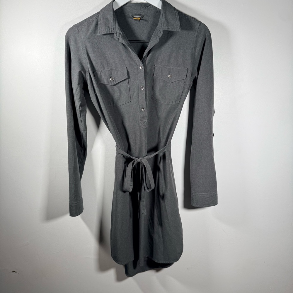 Eddie Bauer Women’s Classic Small Gray Shirt Dress Tie Waist Long Sleeve Stretch